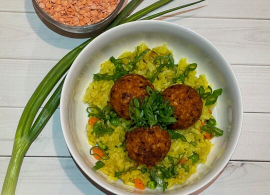 Curry Fried Rice with Red Lenitl Fritters