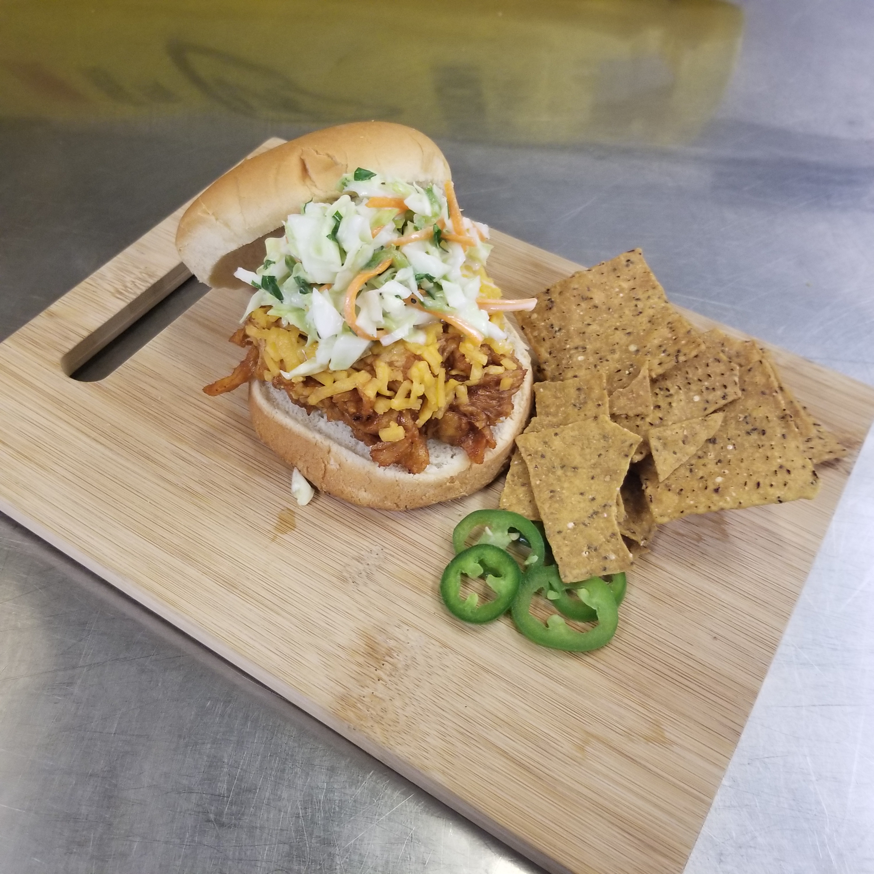 BVQ Pulled Pork Sandwich with Cheese and Jalapeno Slaw