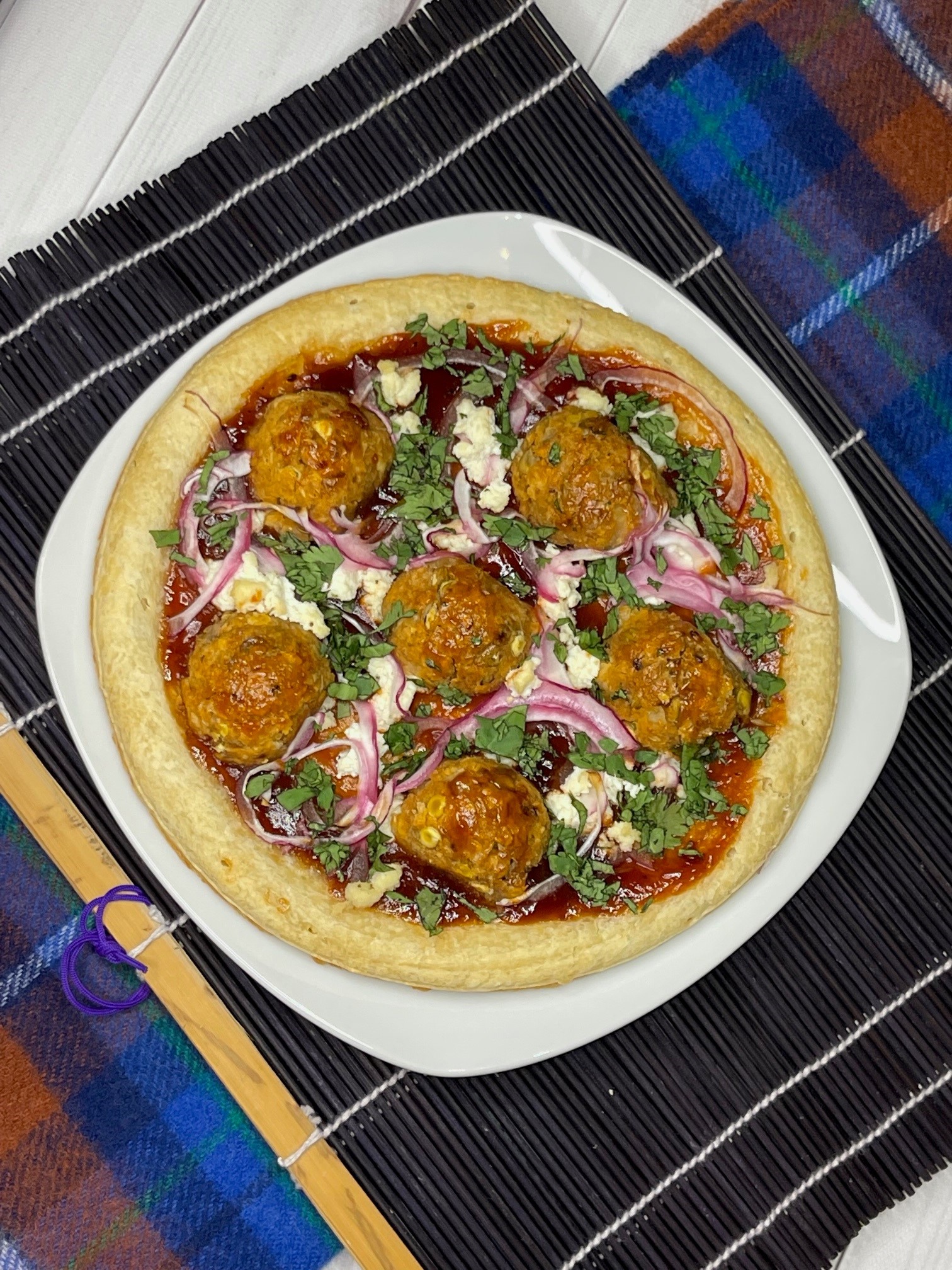 BBQ Lentil Meatball Pizza