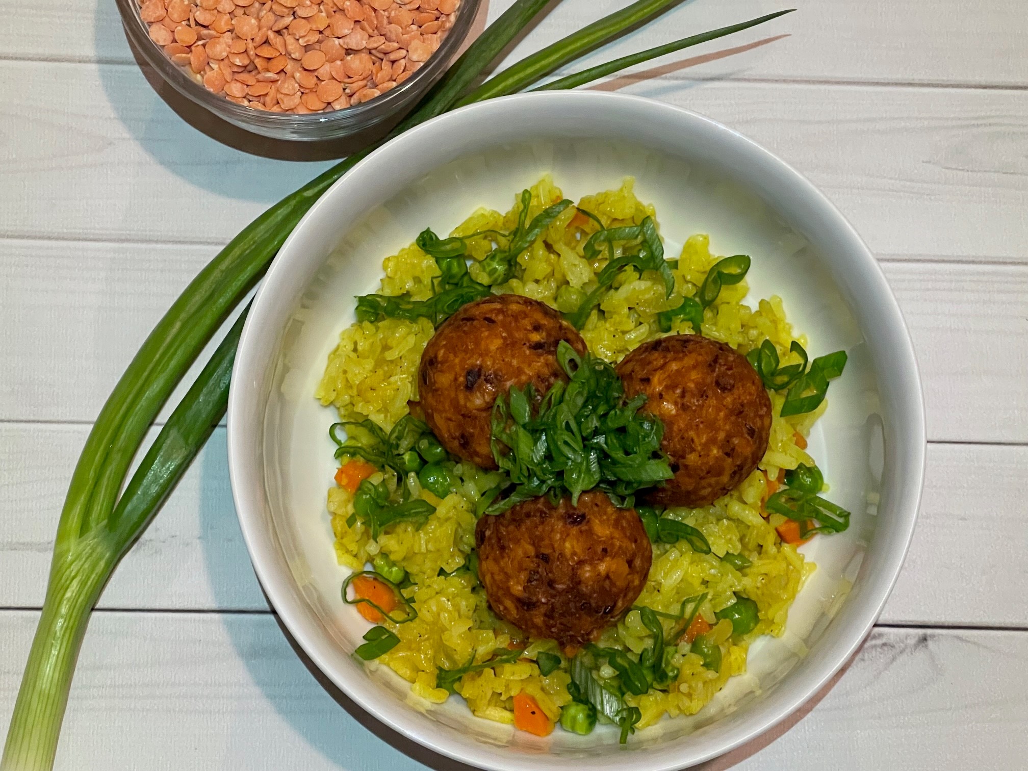 Curry Fried Rice with Red Lenitl Fritters