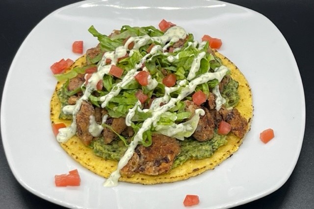 Three bean chili crumble tostada