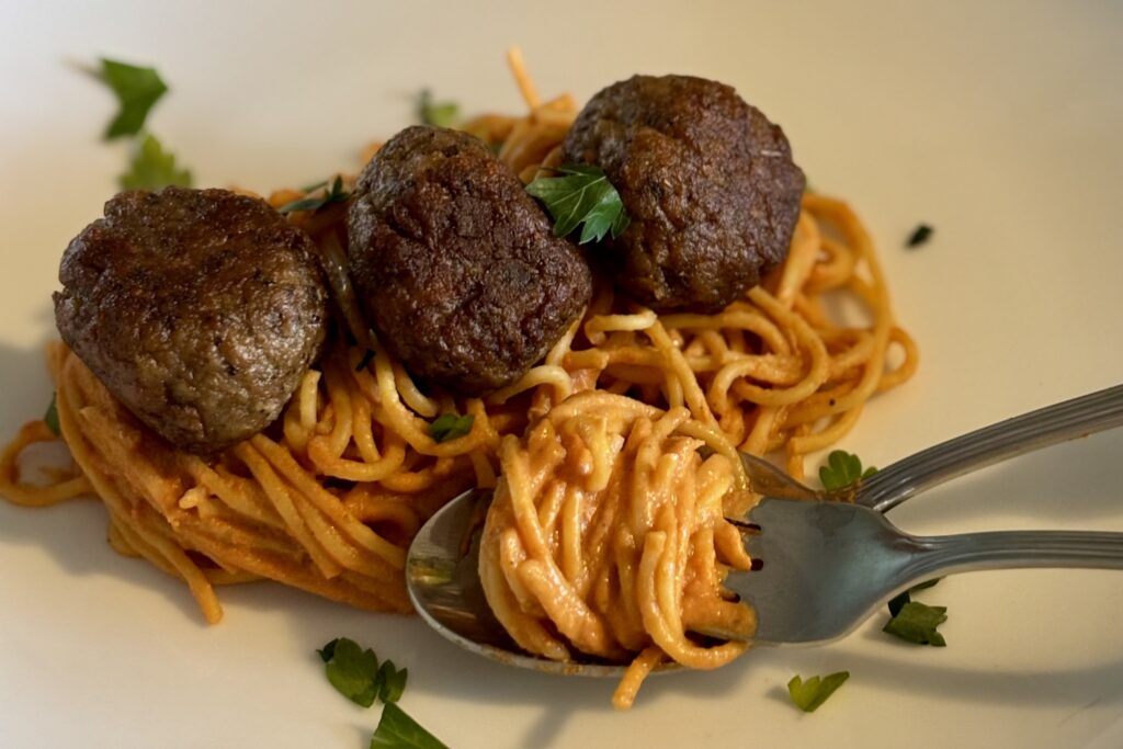 Revved up rosa pasta and meatballs