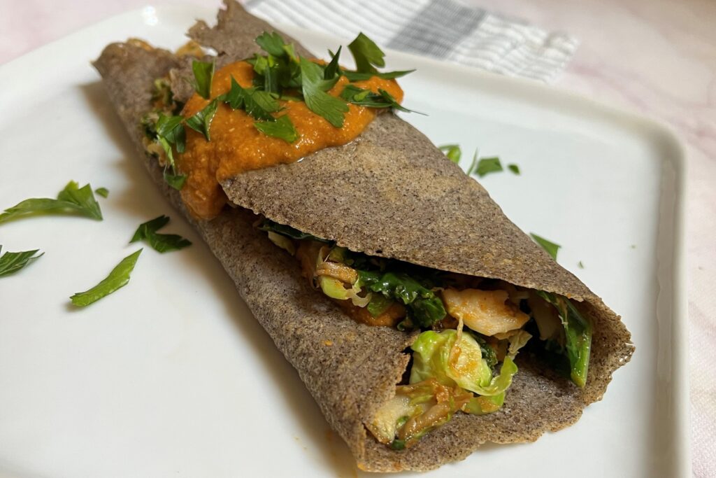 Savory buckwheat crepes with romesco