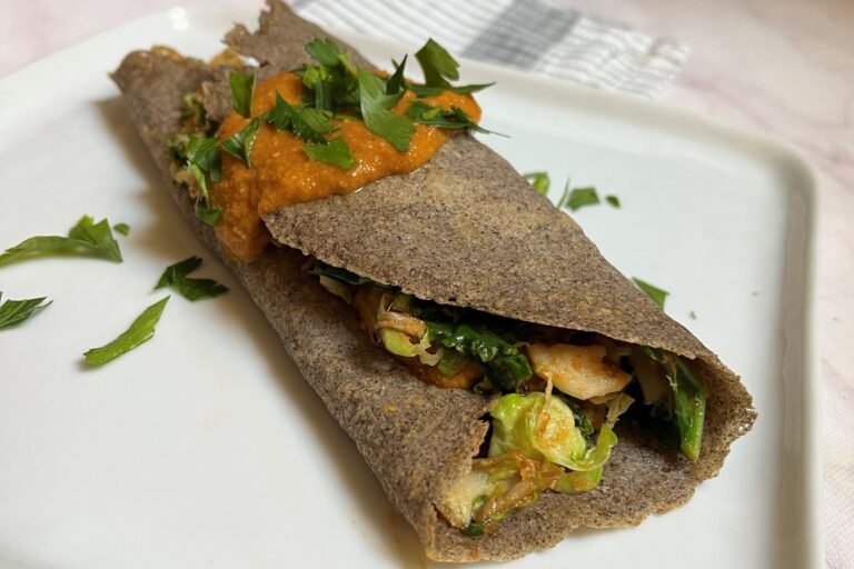 Savory buckwheat crepes with romesco