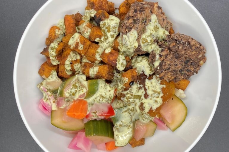 Tandoori sweet potato and black bean falafel bowl