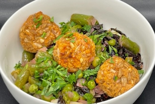 Pasta with white bean meatballs and spring veggies