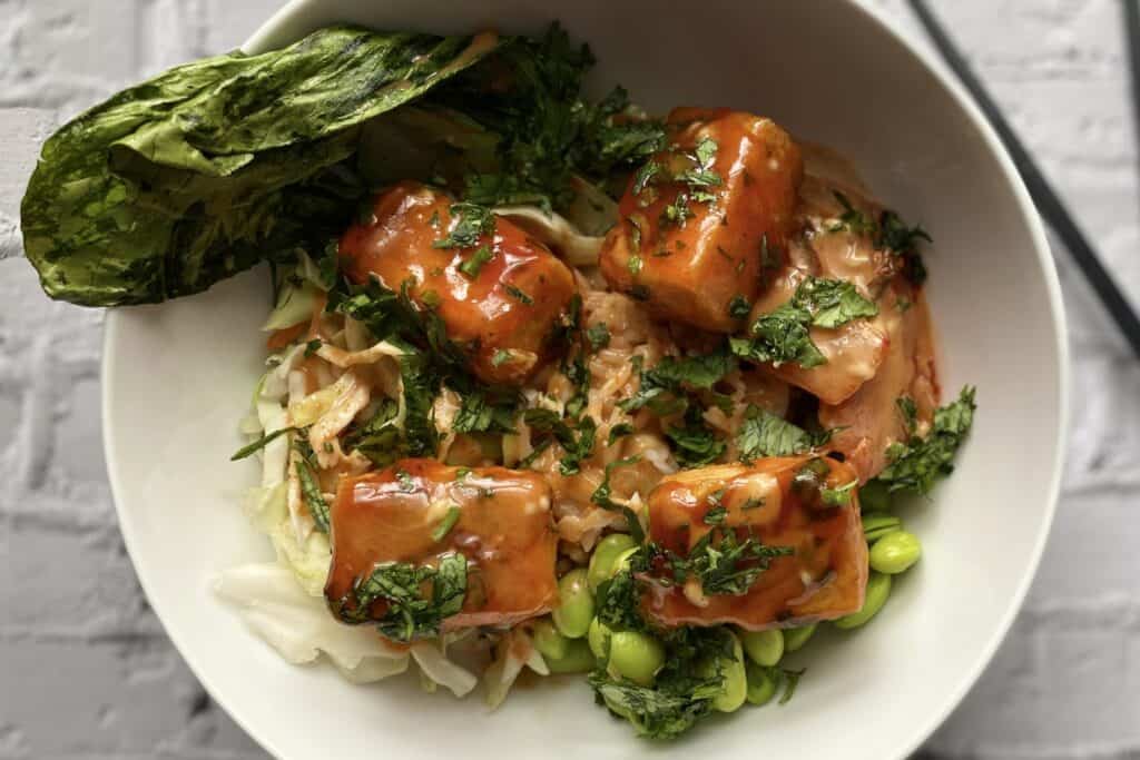 Sweet and spicy gangjeong tofu bowl