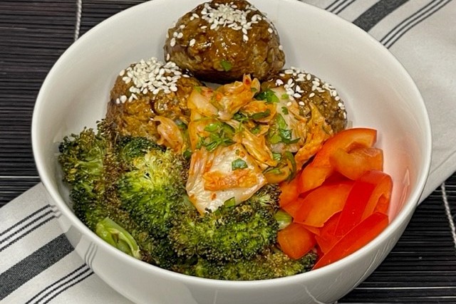 Asian tofu lentil noodle bowl