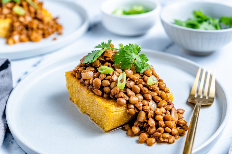 Polenta cakes with lentil chorizo